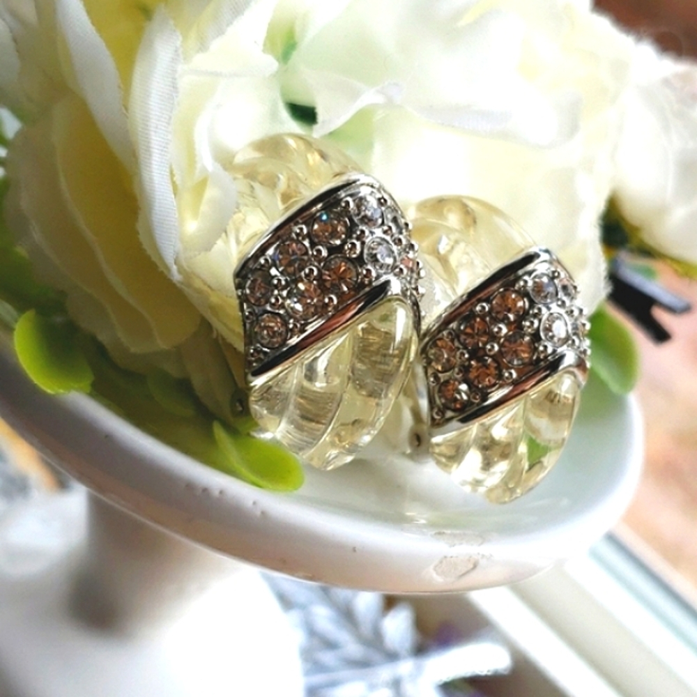 VTG Chunky Runway Kenneth Jay Lane Crystal RS Translucent Lucite Earrings KJL!